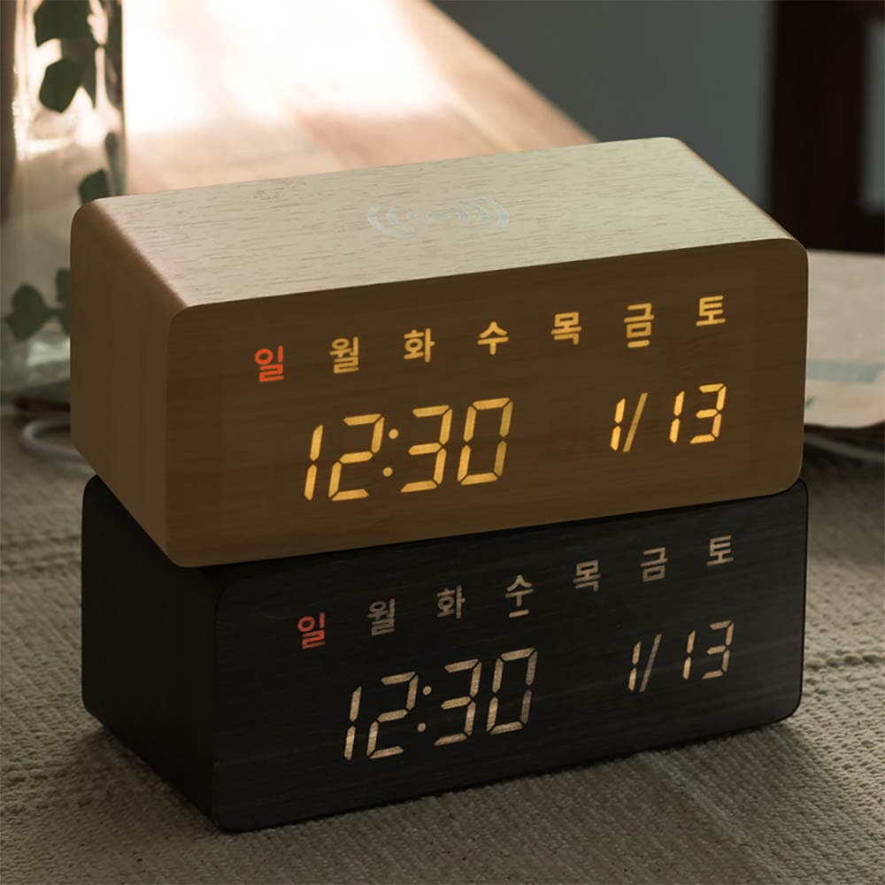 플라이토 우드 무선충전 데이트 LED 탁상시계 시즌2