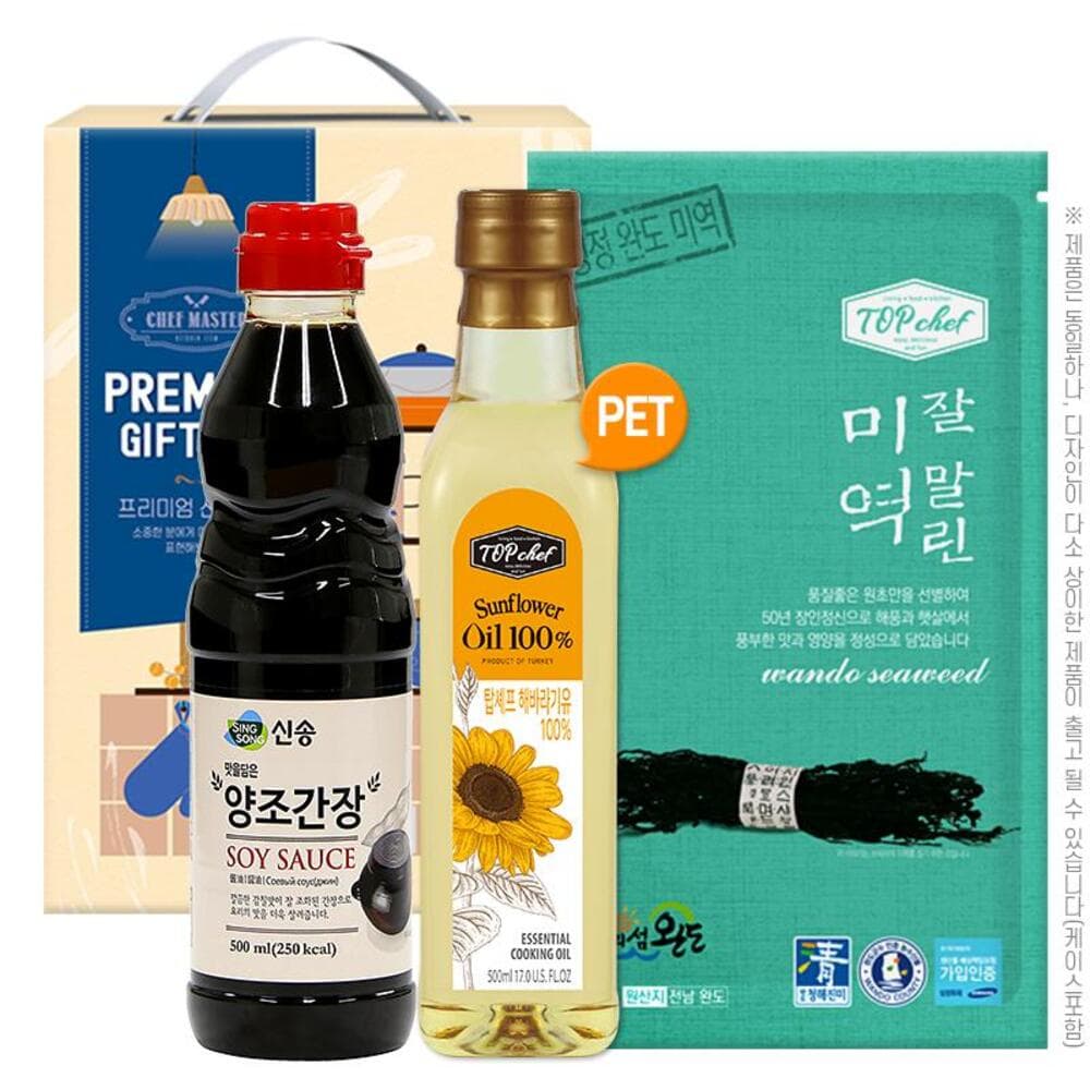 신송양조간장500ml 탑셰프페트해바라기유 청정완도미역40g(3종)